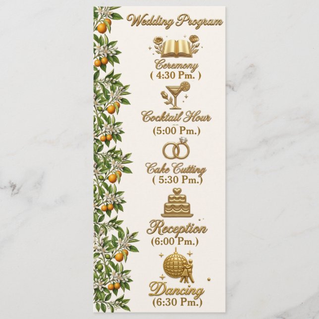 Florida Orange Blossom Gold Elegant Wedding Prog.  Programme (Front)