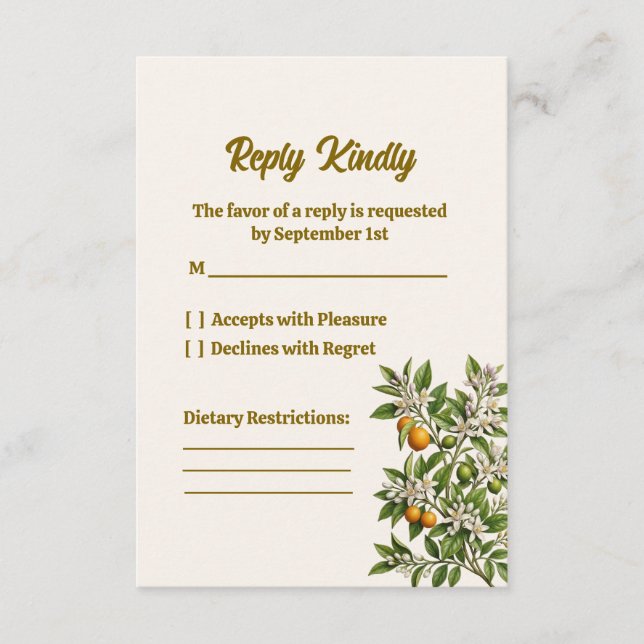 Florida Orange Blossom Wedding RSVP Reply Card (Front)