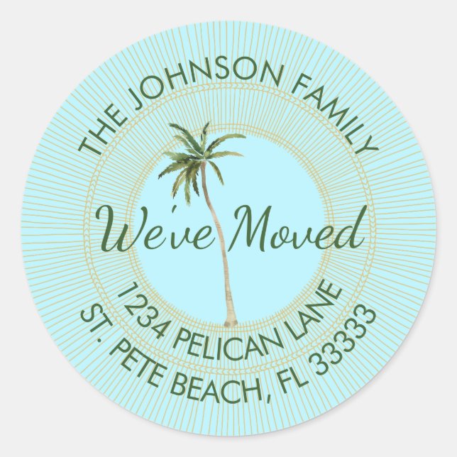 Florida Palm Golden Sun Moving Announcement Classic Round Sticker (Front)
