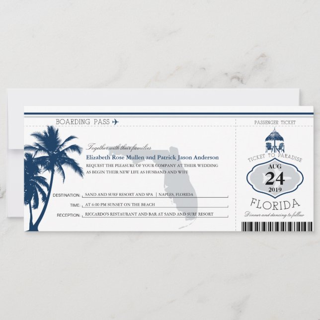 Florida Palm Tree Boarding Pass Wedding Invitation (Front)