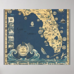 Florida peninsula old map poster