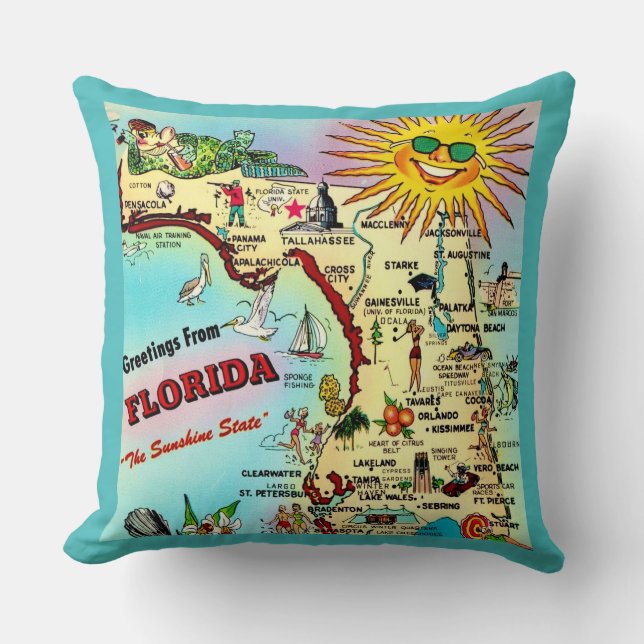  Florida Postcard Map Throw Pillow (Front)