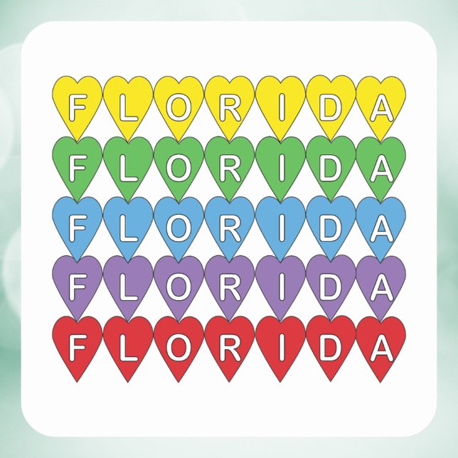 Florida Rainbow Hearts Square Sticker (A sticker that says Florida in a rainbow heart pattern.)
