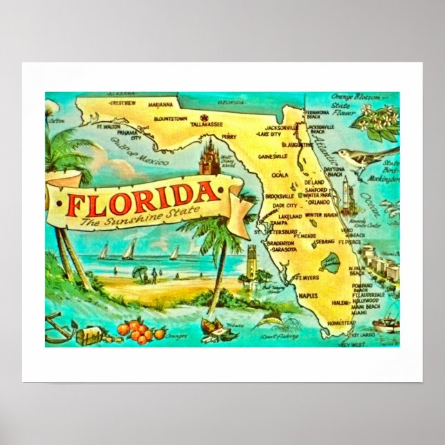Florida Retro 20x16 Map Poster (Front)
