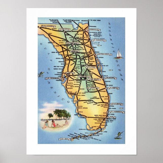 Florida Road Map 12x16 Poster Print (Front)