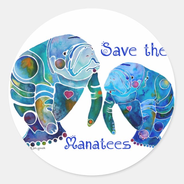 Florida Save the Manatees in Vivid Blues Classic Round Sticker (Front)