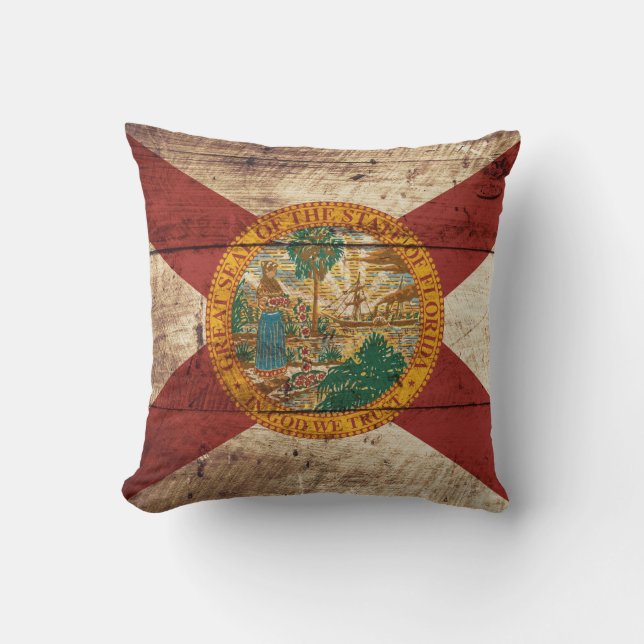 Florida State Flag on Old Wood Grain Cushion (Front)