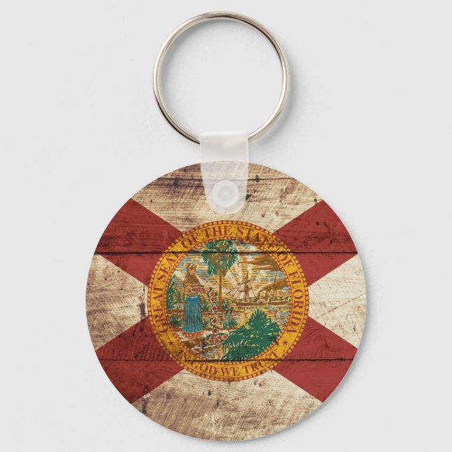 Florida State Flag on Old Wood Grain Key Ring (Front)