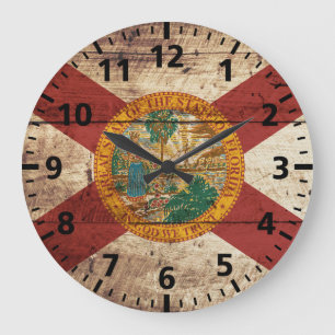 Florida State Flag on Old Wood Grain Large Clock