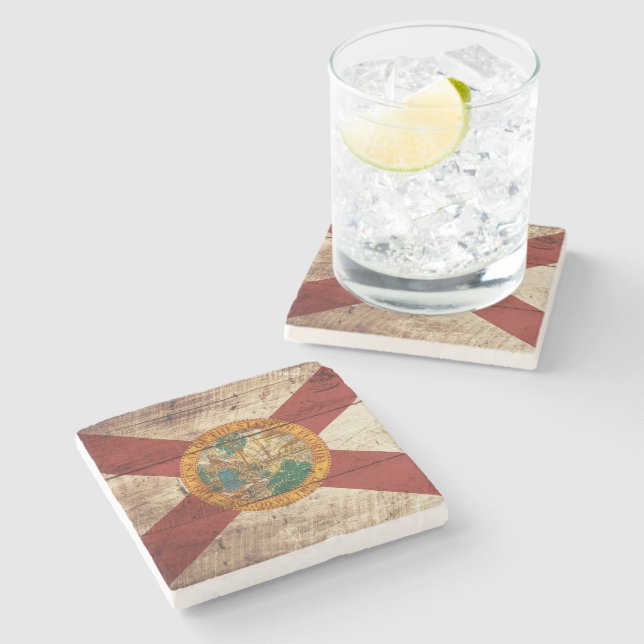 Florida State Flag on Old Wood Grain Stone Coaster (Side)