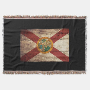 Florida State Flag on Old Wood Grain Throw Blanket
