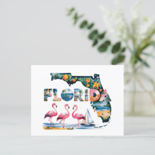 Florida State Map Tropical Pink Flamingos  Postcard