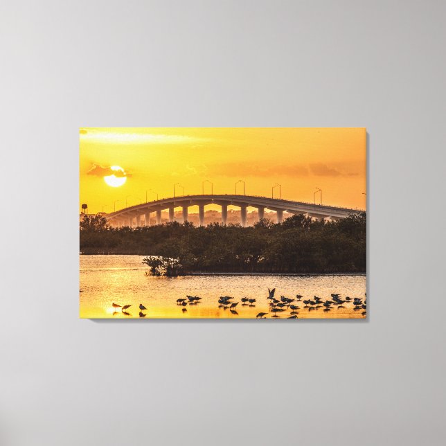 Florida Sunset Titusville Bridge Birds in Water Canvas Print (Front)