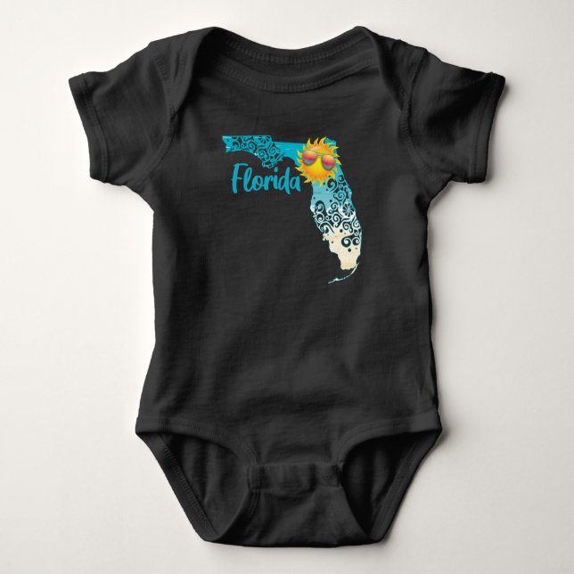 Florida Sunshine Swirl Map with Sunglasses Sun Baby Bodysuit (Front)