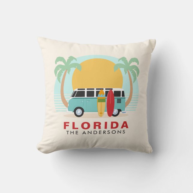 Florida Surfboard Van Family Name Throw Pillow (Front)