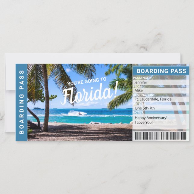 Florida Surprise Trip Boarding Pass Gift Ticket (Front)