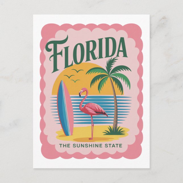 Florida The Sunshine State Retro Flamingo Beach Postcard (Front)