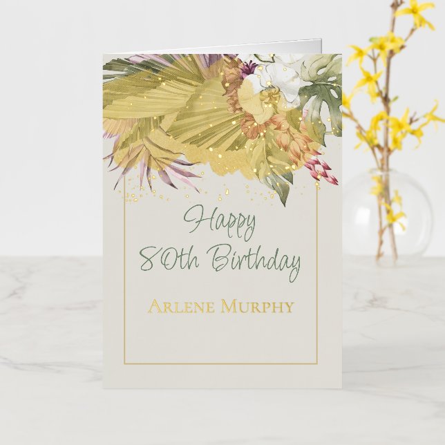 Florida Tropical Palms and Orchid 80th Birthday Foil Greeting Card (Yellow Flower)