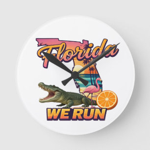 Florida We Run Sunset Alligator Flamingo Sports Round Clock