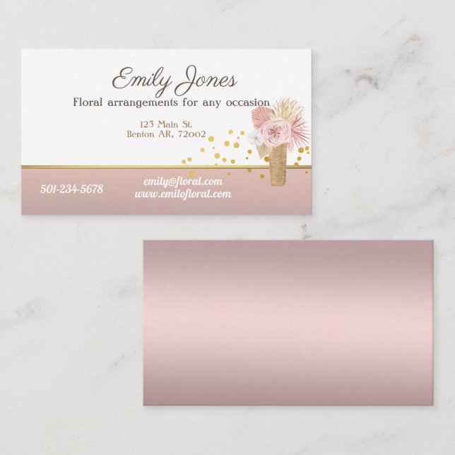 Florist blush business card flowers, pink and gold (Front/Back)
