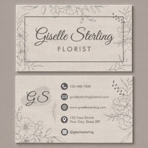 Florist Floral Beige Linen Floral Line Art Business Card