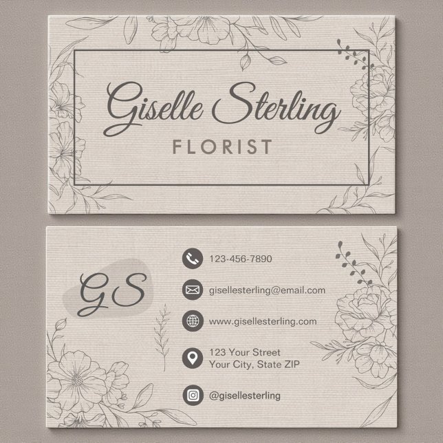 Florist Floral Beige Linen Floral Line Art Business Card (Creator Uploaded)