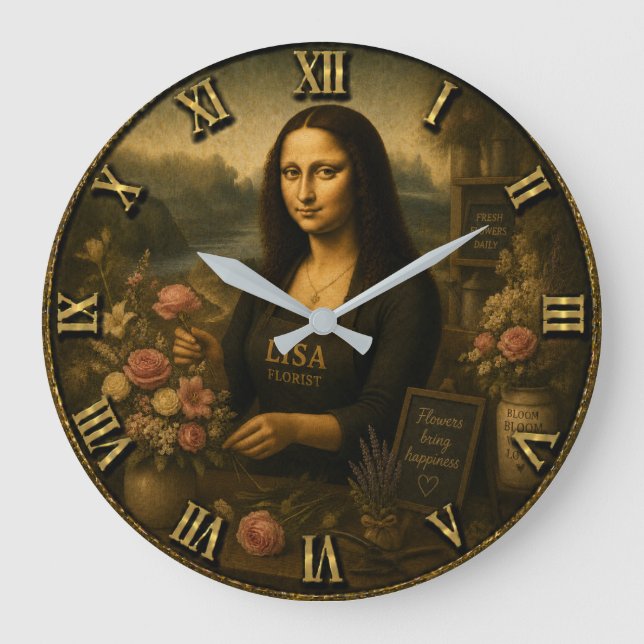 Florist Funny Mona Lisa  Flower Shop Gift Large Clock (Front)