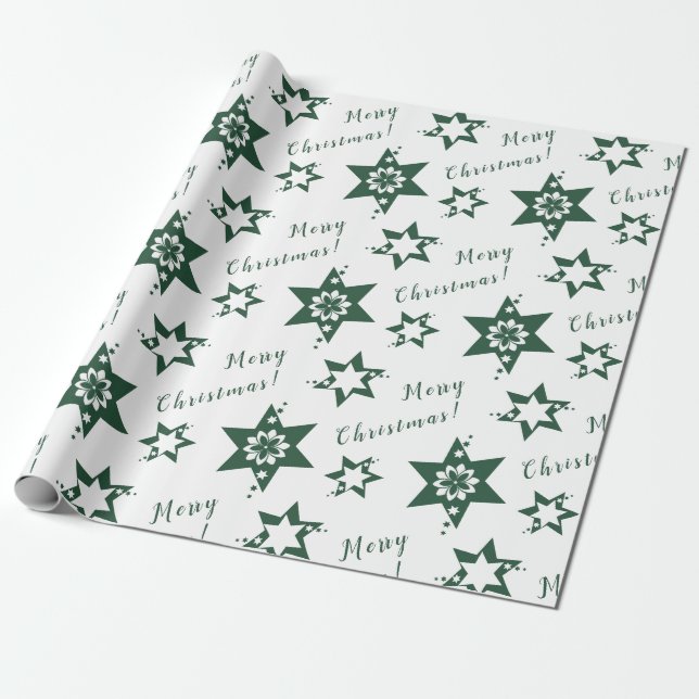 🌟Florist Green Starry Merry Christmas White Wrapping Paper (Unrolled)