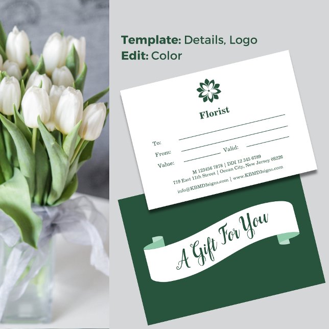💝Florist Green & White Gift Certificate  Card (💝Florist Green & White Gift Certificate Note Card, A Gift For You)