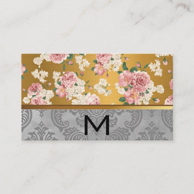Florist | Pink Flowers Gold Metal Business Card (Front)