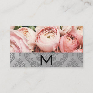 Florist Pink Flowers Watercolor Block Damask Business Card