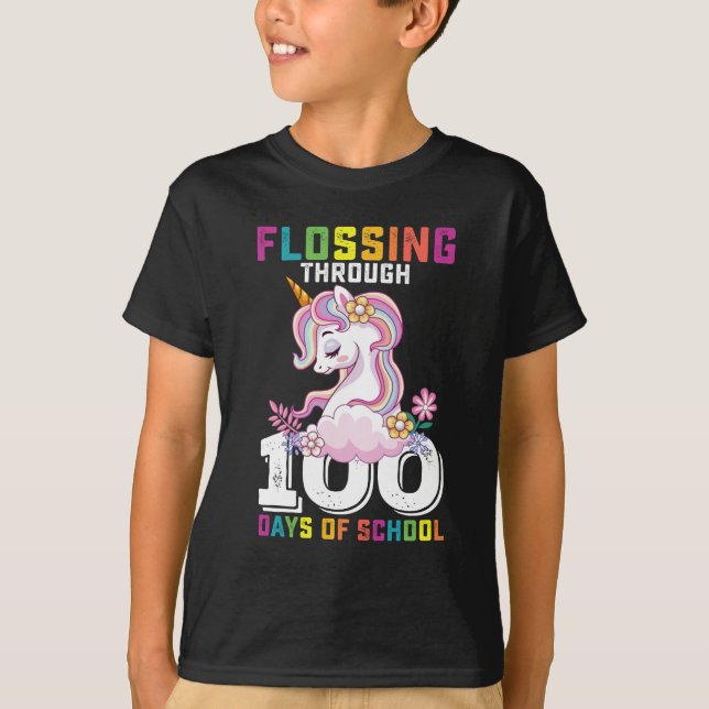 Flossing Through 100 Days of School Unicorn T-Shirt (Front)