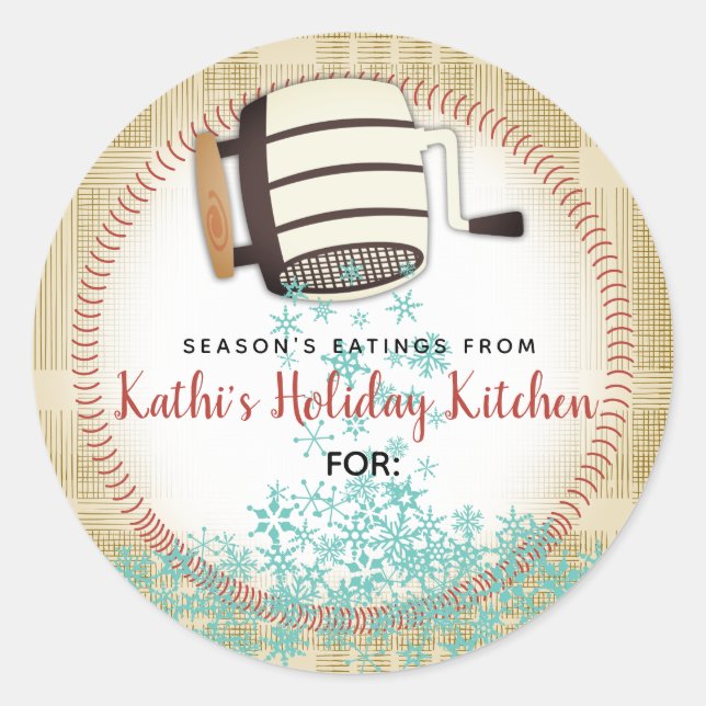 Flour sifter snowflake holiday baking personalised classic round sticker (Front)