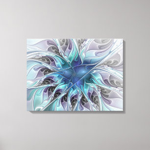 Flourish Abstract Modern Flower W. Blue Triptych Canvas Print