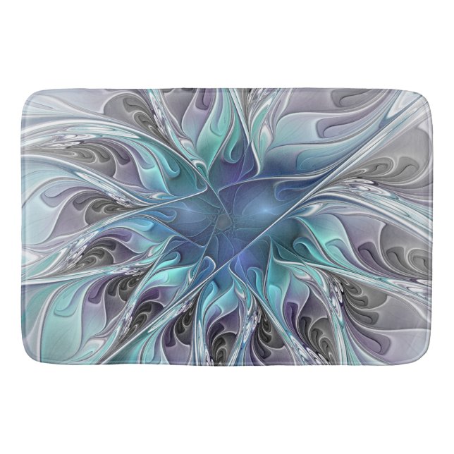 Flourish Abstract Modern Fractal Flower With Blue Bath Mat (Front)