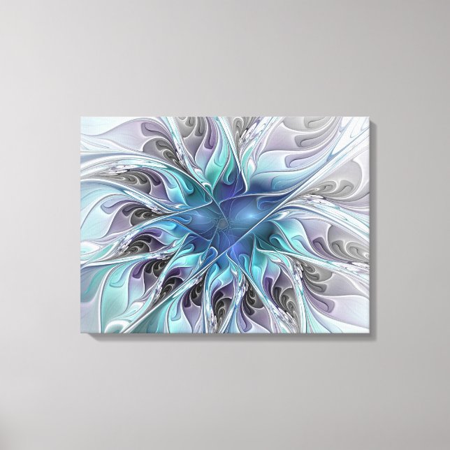 Flourish Abstract Modern Fractal Flower With Blue Canvas Print (Front)