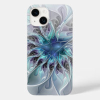 Flourish Abstract Modern Fractal Flower With Blue