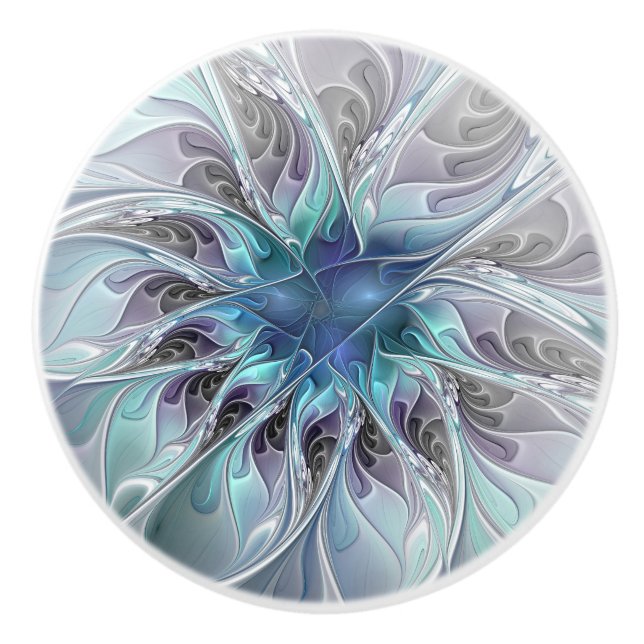 Flourish Abstract Modern Fractal Flower With Blue Ceramic Knob (Front)