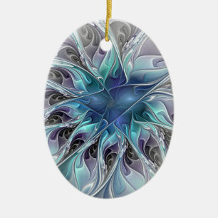 Flourish Abstract Modern Fractal Flower With Blue Ceramic Tree Decoration