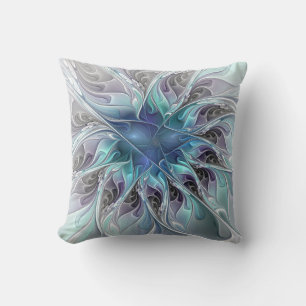 Flourish Abstract Modern Fractal Flower With Blue Cushion