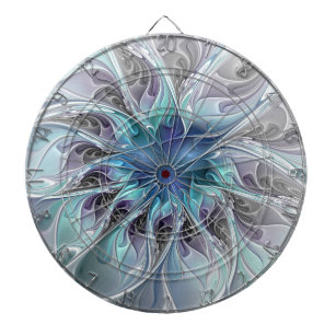 Flourish Abstract Modern Fractal Flower With Blue Dartboard