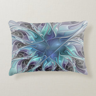 Flourish Abstract Modern Fractal Flower With Blue Decorative Cushion