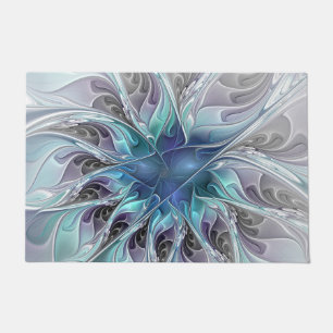 Flourish Abstract Modern Fractal Flower With Blue Doormat