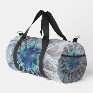 Flourish Abstract Modern Fractal Flower With Blue Duffle Bag