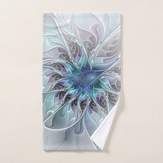 Flourish Abstract Modern Fractal Flower With Blue Hand Towel (Hand Towel)