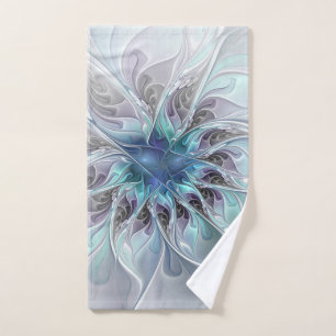 Flourish Abstract Modern Fractal Flower With Blue Hand Towel