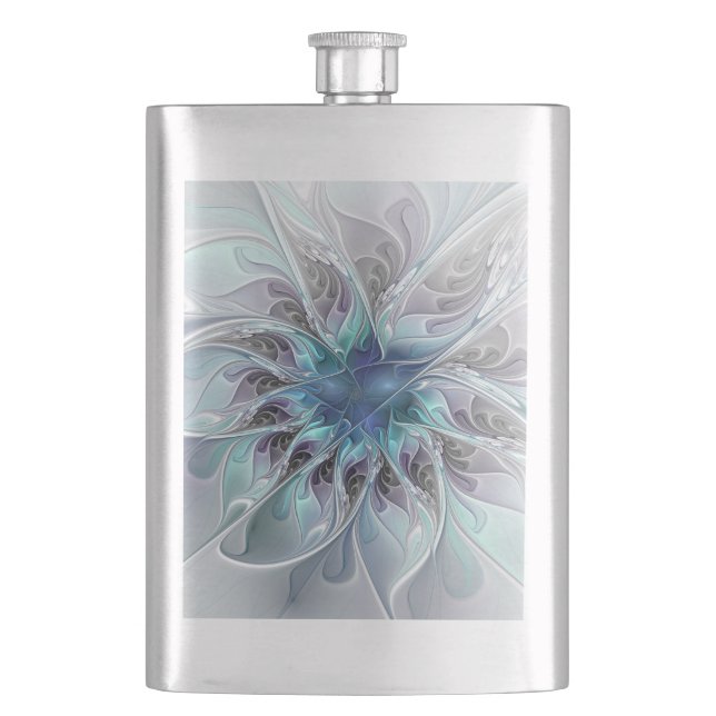 Flourish Abstract Modern Fractal Flower With Blue Hip Flask (Front)