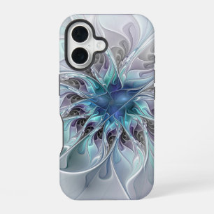 Flourish Abstract Modern Fractal Flower With Blue iPhone 16 Case