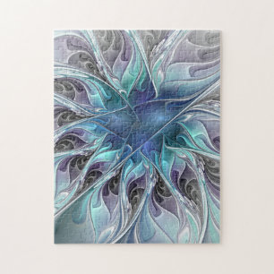 Flourish Abstract Modern Fractal Flower With Blue Jigsaw Puzzle