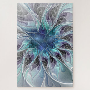 Flourish Abstract Modern Fractal Flower With Blue Jigsaw Puzzle